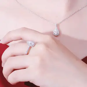 Redoor Produk Baru Set Perhiasan Moissanite Pir Moissanite Halo Cincin Stud Earring Kalung untuk Pesta