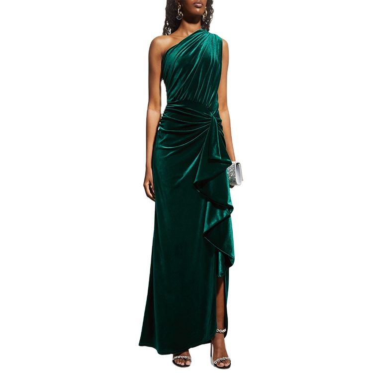 Oem Service Een Schouder Fluwelen Ruches Gown Dames Elegante Jurk Aangepaste Mouwloos Maxi Womens Jurken