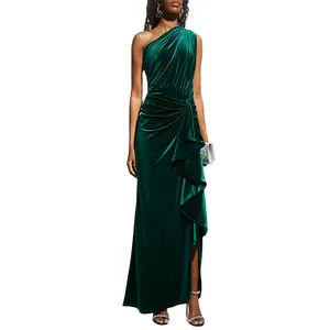 OEM service one shoulder velvet ruffle gown ladies elegant dress customized sleeveless maxi womens dresses