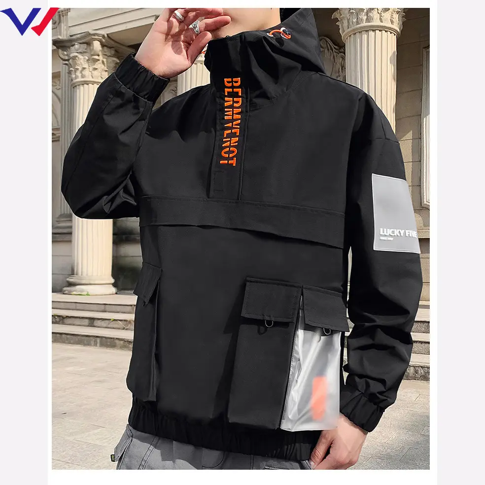 Free logo 100% polyester lightweight color block jacket coats autumn winter windbreaker embroidery hooded windbreaker for men