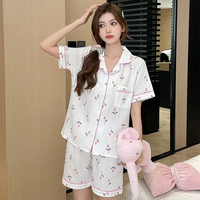Ensemble de pyjama pour femmes, élégant, romantique, imprimé floral, manches courtes, décontracté, confortable, taille élastique, 100% polyester, pour le printemps et l'été