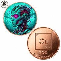 Pièce de monnaie en cuivre pur 999 de 1 once, personnalisée en gros, robot cyberpunk avec œil rose lumineux et fils violets sur fond turquoise