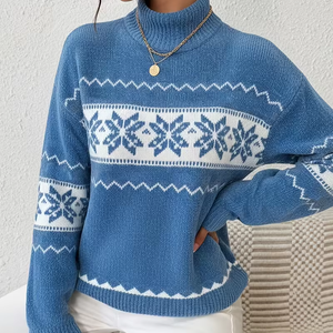 Pull en tricot Fair Isle pour femme, hiver 2026, col montant, manches longues, motif flocon de neige, 100 % acrylique, style nordique - Product Image 1