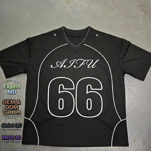 T-shirt en maille épaisse personnalisé avec impression sérigraphique, col en V pour homme, streetwear, jersey de football vintage surdimensionné, tee-shirt hip hop - Product Image 1