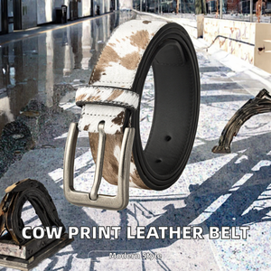 Ceinture en cuir de vachette à imprimé vache pour homme – Ceinture décontractée réglable marron et blanc avec boucle à ardillon - Product Image 2