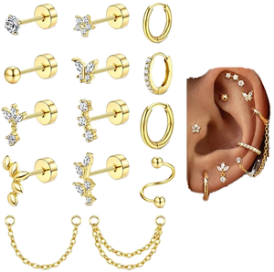 Pendientes de cartílago para <span class=keywords><strong>mujer</strong></span>, chapados en oro de 14K, con parte trasera plana, para <span class=keywords><strong>piercing</strong></span> de hélice, concha, tragus, joyería individual de acero inoxidable, aros con circonita cúbica - Product Image 1