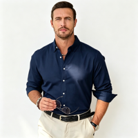 Kemeja Pria Anti-Kerut Anti-Pilling Polos Berwarna Bahan Twill Lengan Panjang 100% Poliester Kasual Kerah Turn-Down Kancing Tunggal