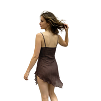 Robe mini en tricot à rayures marron, bretelles spaghetti, col en V, imprimé numérique, taille naturelle, printemps-été pour femmes