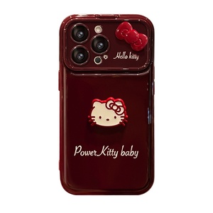 Funda de silicona suave antichoque color rojo vino con diseño de lazo de gato de dibujos animados y cordón para teléfono 16PRO con ventana grande - Product Image 5