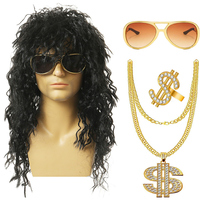 Perruques pour fans de heavy metal, lunettes de soleil punk rock cool, collier dollar, bagues, en polyester, style personnage, pour fêtes et festivals