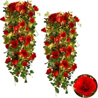 Fleurs artificielles suspendues en forme de rose, 2 pièces, 3,3 pieds, 30 lumières LED féeriques, décoration de mariage intérieure/extérieure (rouge)