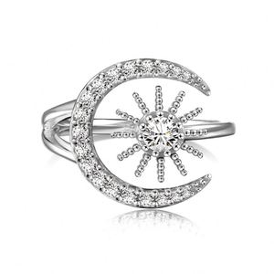 Dylam Dainty <b>Sterling</b> <b>Silver</b> Rhodium 18K Gold Plated <b>Adjustable</b> Open Resizable Jewelry Crescent Moon Sun 5A Zirconia <b>Rings</b> - Product Image 1