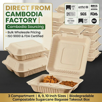 Boîte à emporter en bagasse de canne à sucre biodégradable et compostable, à 3 compartiments, de 8, 9 et 10 pouces, en gros, fabriquée au Cambodge