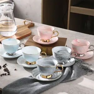 European Style Black Tea Cup Ceramic Coffee Cup Golden Stroke Wholesale Marble Cup And Saucer