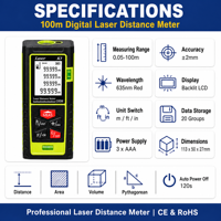 Télémètre laser vocal 100m, mesure de surface et de volume, mesure pythagorienne, écran LCD rétroéclairé, CE RoHS OEM ODM
