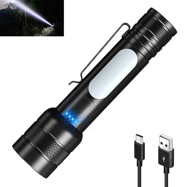 Hot Sale Rechargeable Portable1000LM Flashlight with Clip & COB Side Lights Built-in 2600MA Battery Camping , Home , Emergency