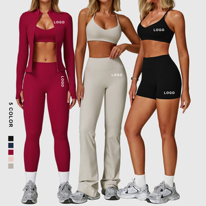 Manufacturers Premium Women's Sportswear Sports Bra Zip Jacket and Gym Pants <strong>Flare</strong> <strong>Leggings</strong> 3 Piece Workout Sets for Women - Product Image 1