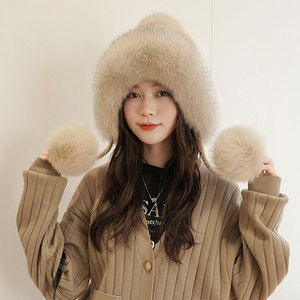 Chapeau d'aviateur tricoté en vison chaud d'hiver pour femmes avec protection des oreilles véritable boule <span class=keywords><strong>de</strong></span> fourrure <span class=keywords><strong>de</strong></span> renard chapeau <span class=keywords><strong>de</strong></span> <span class=keywords><strong>neige</strong></span> nouveau Style pour les fêtes - Product Image 3