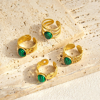 Nouvelles bagues pour femmes à la mode, plaquées or 18 carats, avec pierre précieuse malachite, en acier inoxydable, creuses, géométriques, larges et ouvertes