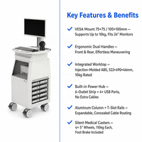 Chariot d'instruments hospitaliers OEM personnalisé avec roulettes médicales silencieuses, bras de moniteur réglable, garantie de 3 ans pour utilisation au chevet en USI