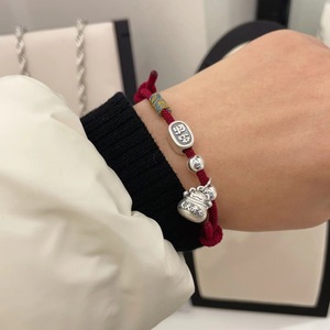 Bracelet en fil rouge tressé en argent sterling 999 Happy Lucky Cat pour femmes, bijoux cadeau de style chinois - Product Image 4