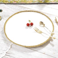 Assiette de dîner en céramique blanche de luxe avec bordure dorée perlée, assiette de présentation ronde en porcelaine pour mariage, banquet, restaurant