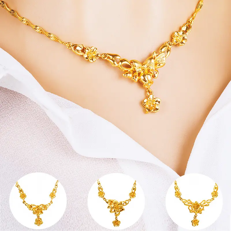 2023 new gold plated imitation jewellery, 24k gold jewelry hot sale new design flower women's fashion chain necklaces