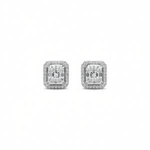 Orecchini a lobo classici in oro bianco con diamante taglio smeraldo incastonato a castone per donna, design geometrico, gioielli raffinati E1387 - Product Image 1