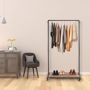 Porte-vêtements métallique Parisloft avec étagère en bois, style industriel, roulettes verrouillables, un seul niveau - Product Image 4