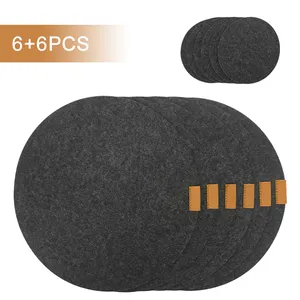 黑色波西米亚圆形回收桌垫套装定制皮革标志毛毡面料餐饮餐垫
