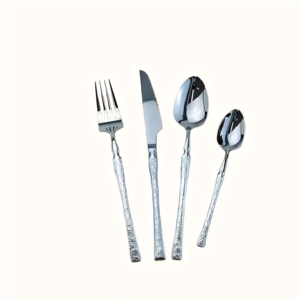 Ensemble de couverts en acier inoxydable avec texture écorce, finition miroir, couteau, fourchette, cuillère, design classique, compatible lave-vaisselle, pour mariages et hôtels - Product Image 1