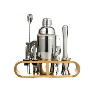 MCSS Custom Accessories Barware Drink Boston Cocktail Shaker Set Built-In Strainer Bar Tools Set Wooden Base