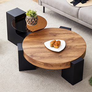 Mesa de Centro Moderna y Sencilla de Dos Niveles, Decorativa, con Tapa de Madera Marrón Transparente, Patas en Forma de L de MDF Negro, Mueble para Sala de Estar - Product Image 1