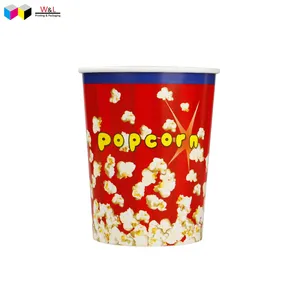 Kustom pencetakan kapasitas besar sekali pakai Ulang tahan minyak bak popcorn di Merah Kuning, 46oz kertas bioskop ember popcorn