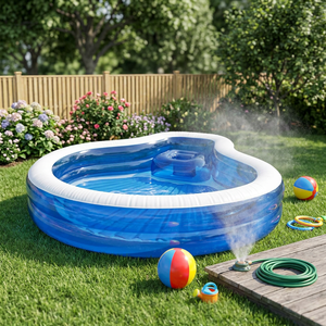 Piscine gonflable familiale ronde avec dossier et sièges intégrés, couleur bleu + blanc - Product Image 1