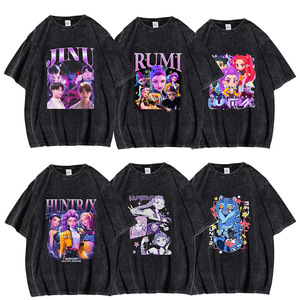 T-shirt vintage lavata Demonic Huntress <span class=keywords><strong>Group</strong></span> K-POP, top in cotone a maniche corte stampato di tendenza transfrontaliero per uomo e donna - Product Image 1