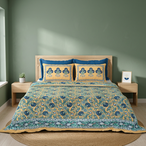Draps plats en coton imprimé de qualité supérieure, style bohème floral indien, pour lit Queen ou King, fabriqués à Jaipur - Product Image 2