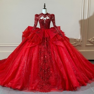 XS310 Luxury Heavy Beaded High Neck <b>Red</b> <b>Glitter</b> 2-In-1 Evening Mini Dress With Ball Gown - Product Image 1
