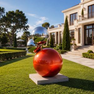 Escultura Esférica de Globo Rojo Brillante y Acero Inoxidable Pulido a Espejo, Decoración Artística para Jardín Exterior, Plaza, Parque, Centro Comercial y Paisajismo - Product Image 3