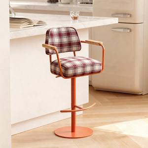 Taburete de bar giratorio ajustable con reposabrazos, estructura metálica y tapicería a cuadros para uso doméstico y comercial - Product Image 2