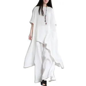 Setelan pakaian wanita katun Linen, setelan celana dua potong kasual longgar lengan panjang tidak beraturan musim panas