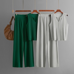 Conjunto de Dos Piezas Casual de Verano para Mujer, <span class=keywords><strong>Top</strong></span> de Punto sin Mangas, Pantalones Anchos, Diseño Sólido, Conjunto de Suéter a la Moda - Product Image 4