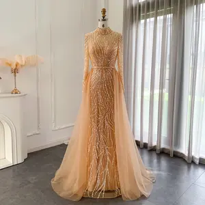 Elegantes arabisches Abendkleid aus Gold für Meerjungfrau mit Überrock lange Ärmel Luxus muslimische Hochzeit formelles Party-Kleid Scz163-2