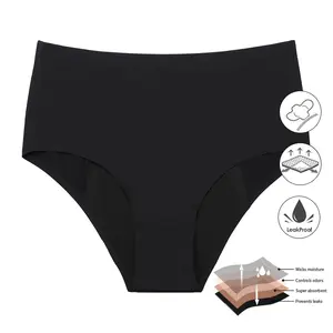 Sous-vêtements menstruels <span class=keywords><strong>lavables</strong></span> à 4 couches absorbant les fuites pour femmes, taille haute, protection intégrale, culotte menstruelle réutilisable sans couture - Product Image 1