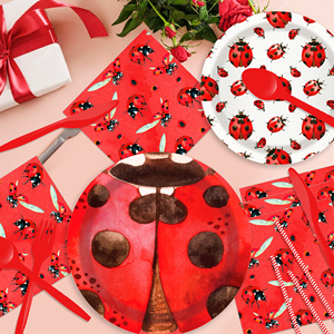 Huancai <span class=keywords><strong>coccinelle</strong></span> fête fournitures assiettes en papier rouge tasses serviettes vaisselle jetable ensemble pour enfants décorations de fête d'anniversaire - Product Image 6
