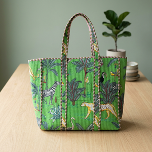 Indian Hand Block Printed Quilted Cotton Tote <b>Bag</b>, Bright Green Jungle <b>Safari</b> & Leopard Print Shoulder <b>Bag</b> Wholesale - Product Image 1