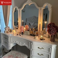 Bureau de princesse et coiffeuse intégrée en bois massif sculpté, style français, pour chambre principale, avec miroir de maquillage