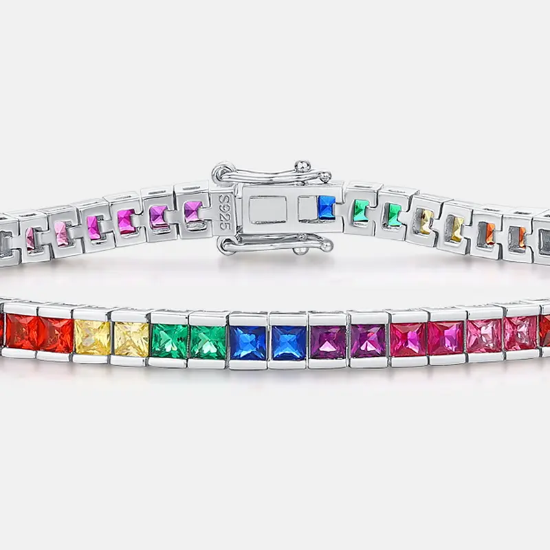 Fabriek Professionele Custom 925 Zilver Vrouwen Sieraden Regenboog Beschikbare Edelstenen Zirkonia Kleurrijke Tennis Armband 2023