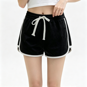 Shorts en velours noir pour femme, taille haute, cordon de serrage, passepoil contrastant, tenue décontractée d'été, tissu respirant et doux, vente en gros - Product Image 1