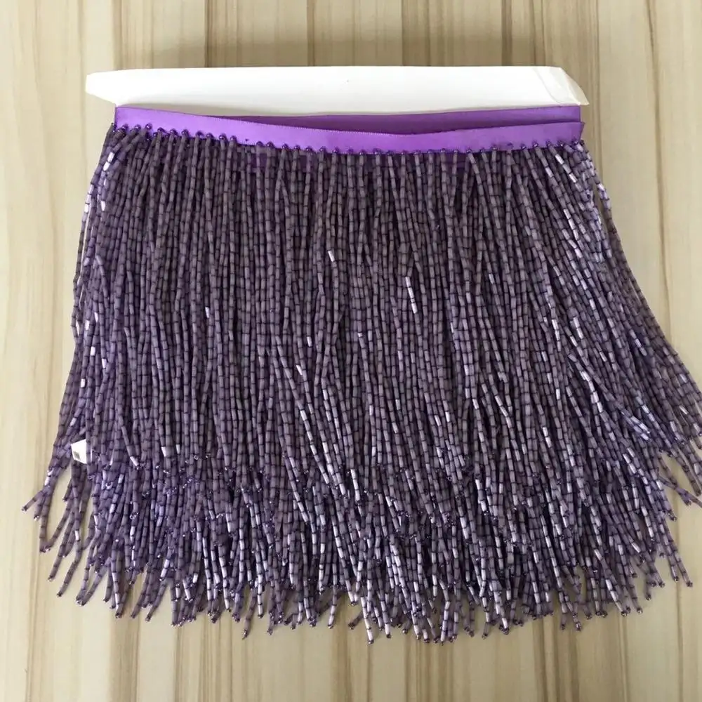 Absolutely glorious 15cm purple with crystal glass bugle seed beads fringe sold by yard